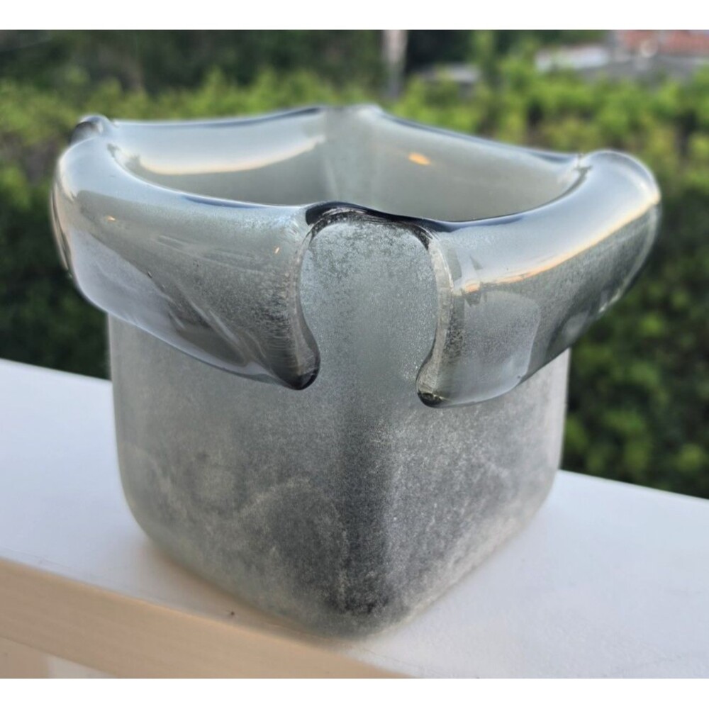 Heavy Studio Art Glass Cube Vase Smoke Gray Sculptural Folded Rim MCM Modern